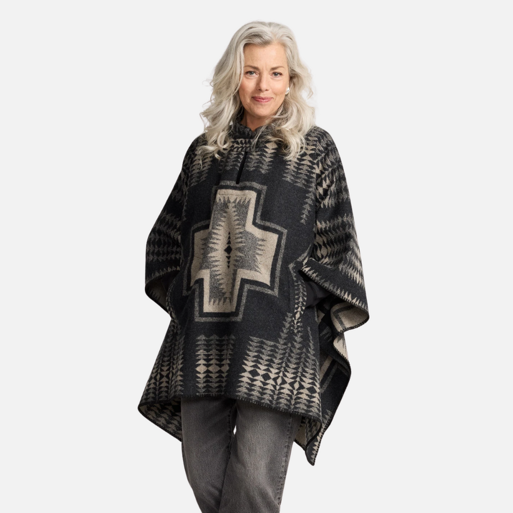 Womens Wool Poncho - Harding Black/Tan