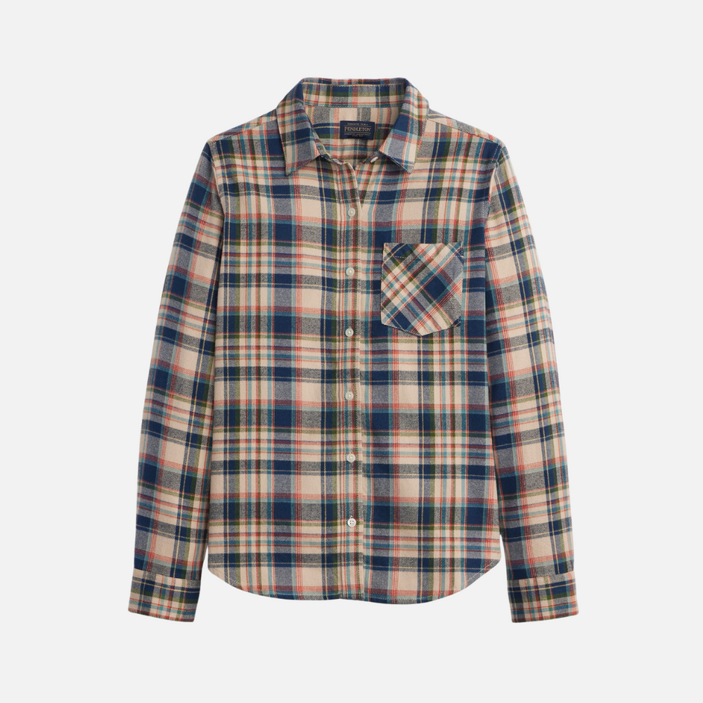 Womens Relaxed Flannel Shirt - Tan Multi Plaid