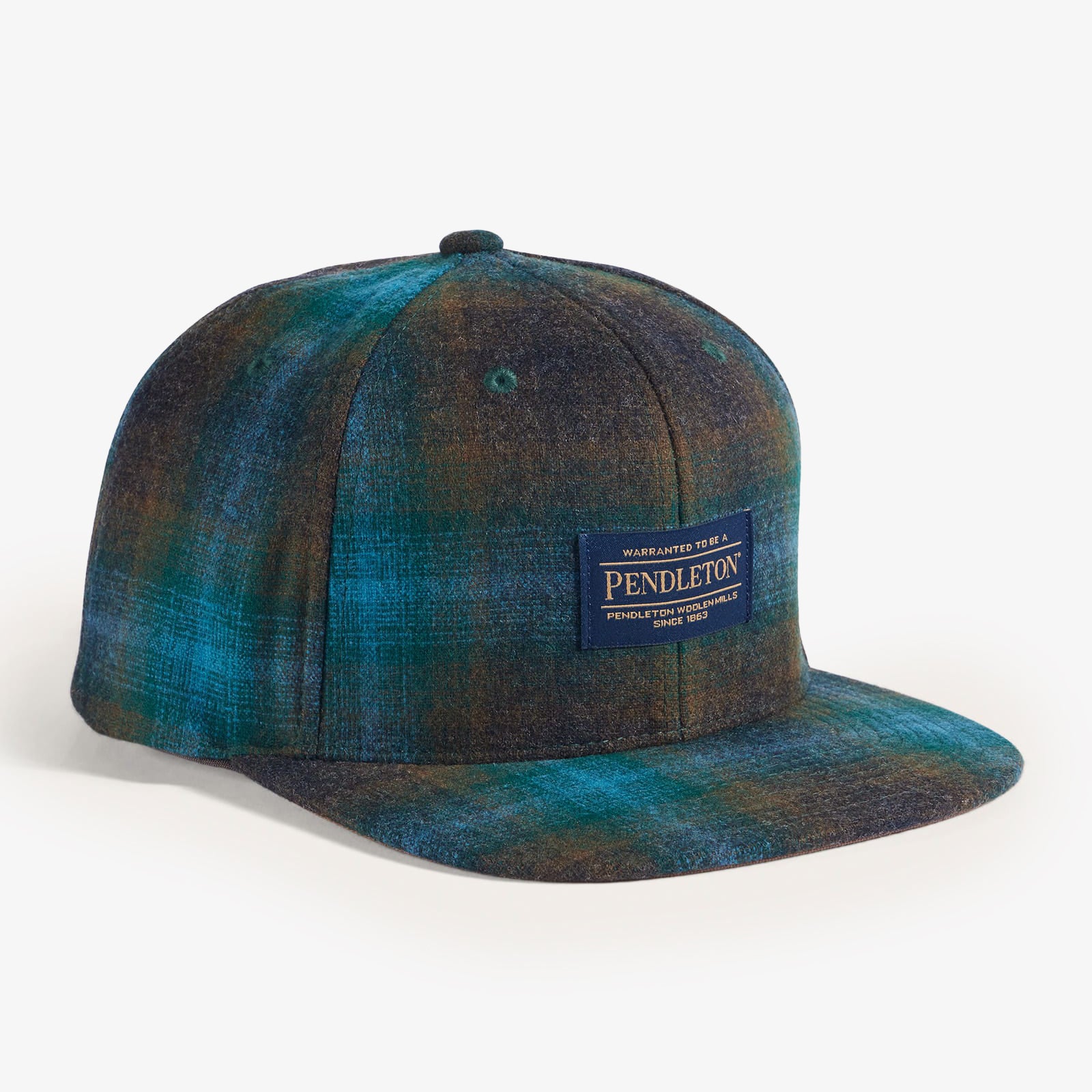 Plaid Flat Brim Wool Cap - Teal/Charcoal Ombre