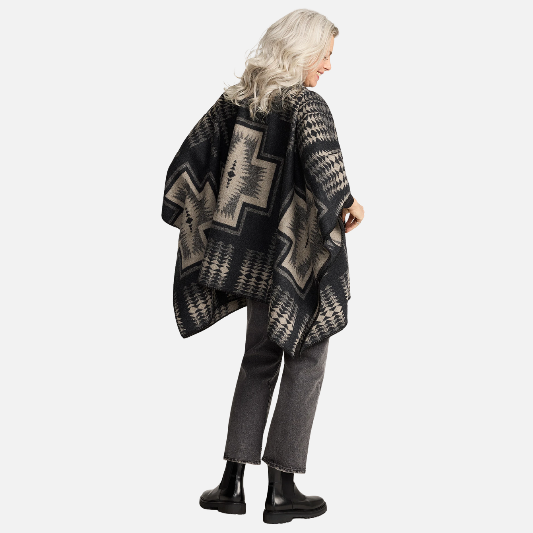Womens Wool Poncho - Harding Black/Tan