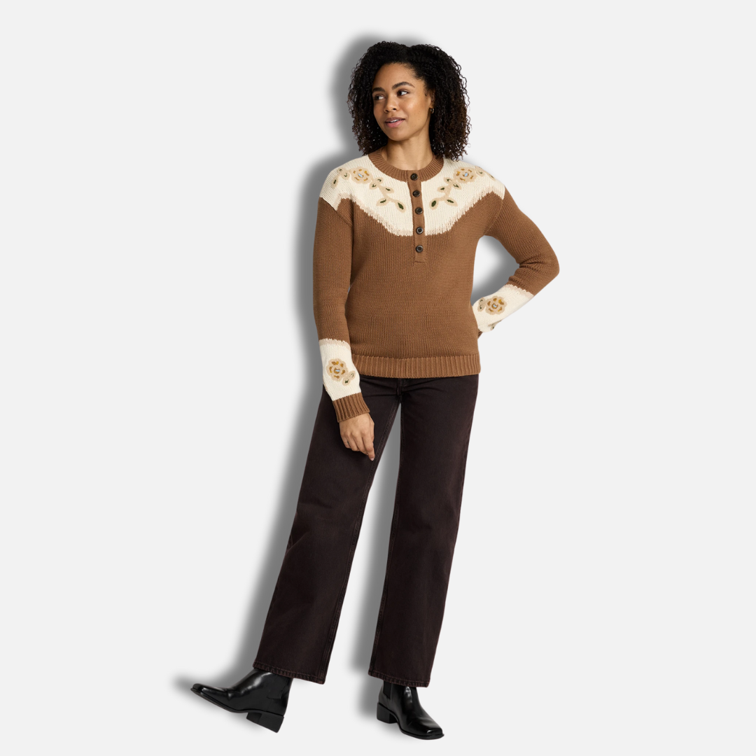 Womens Western Floral Henley Sweater - Spice Brown