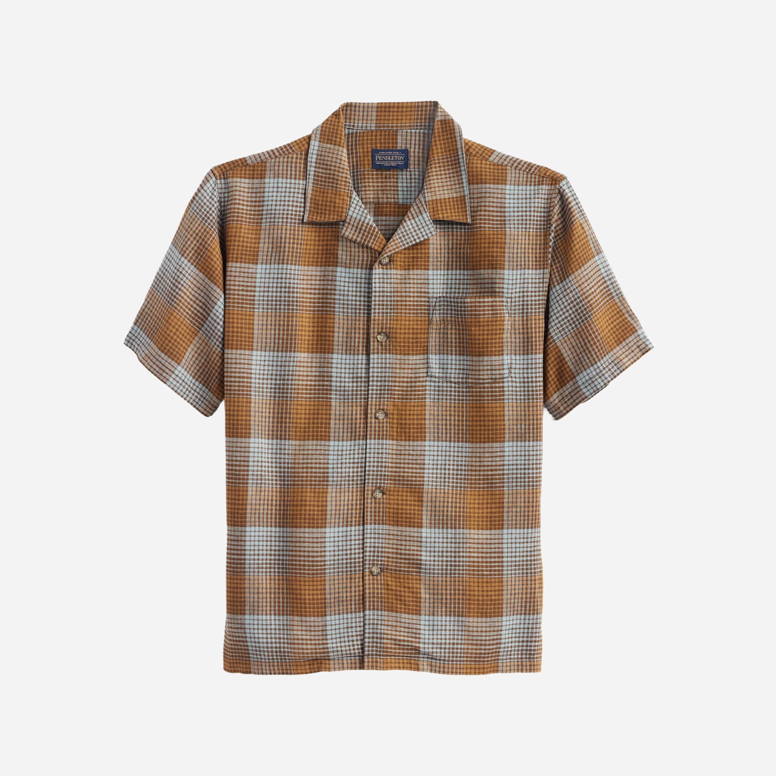 Plaid Linen Camp Shirt - Brown/Blue Ombre