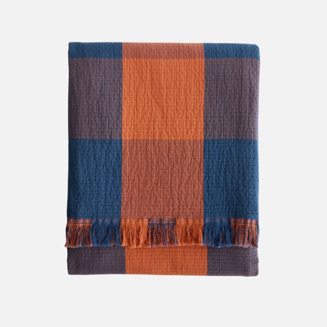 Organic Cotton Plaid Throw - Copper/Indigo