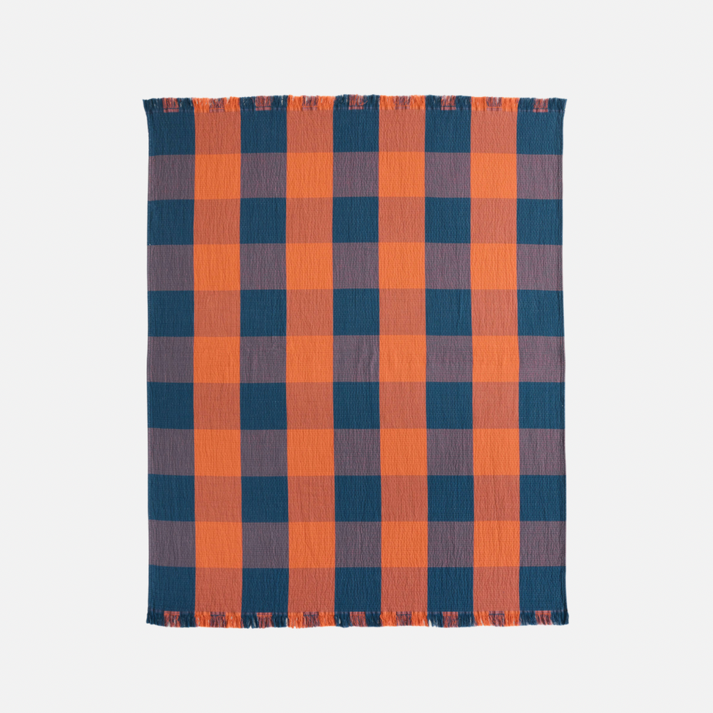 Organic Cotton Plaid Throw - Copper/Indigo