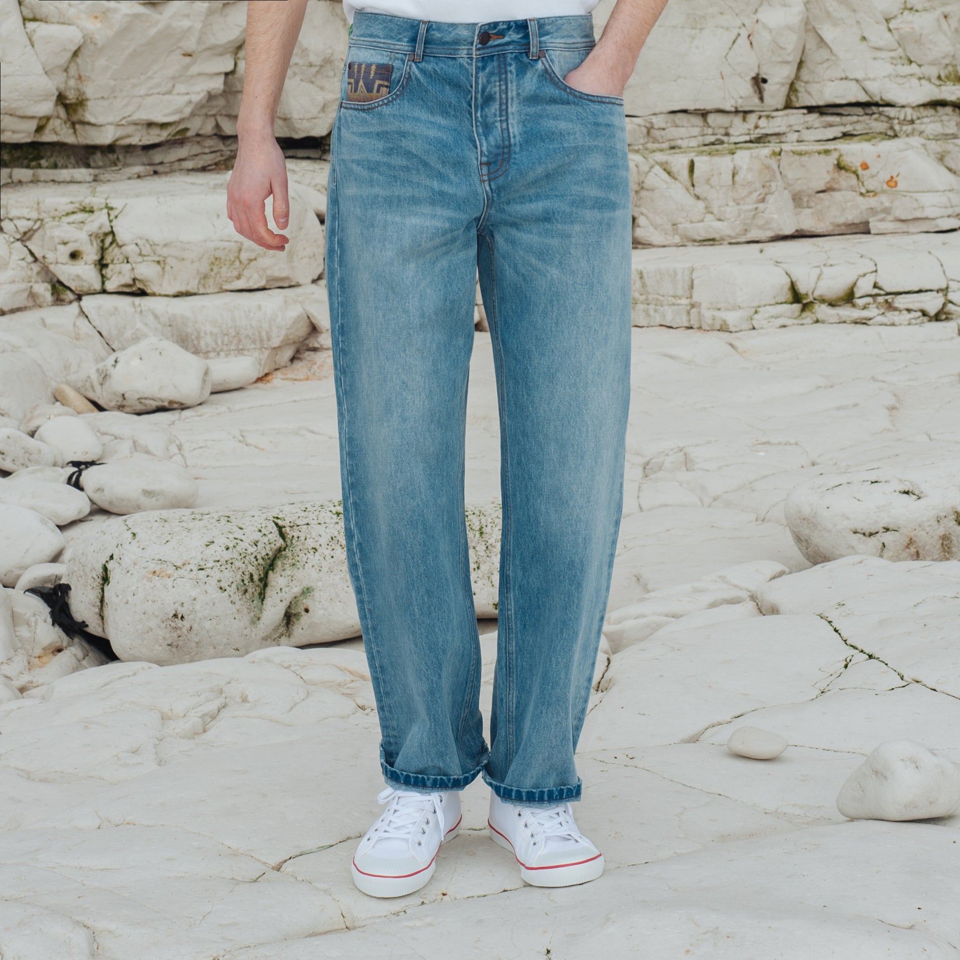 Patchwork Straight Leg Denim Jeans - Blue