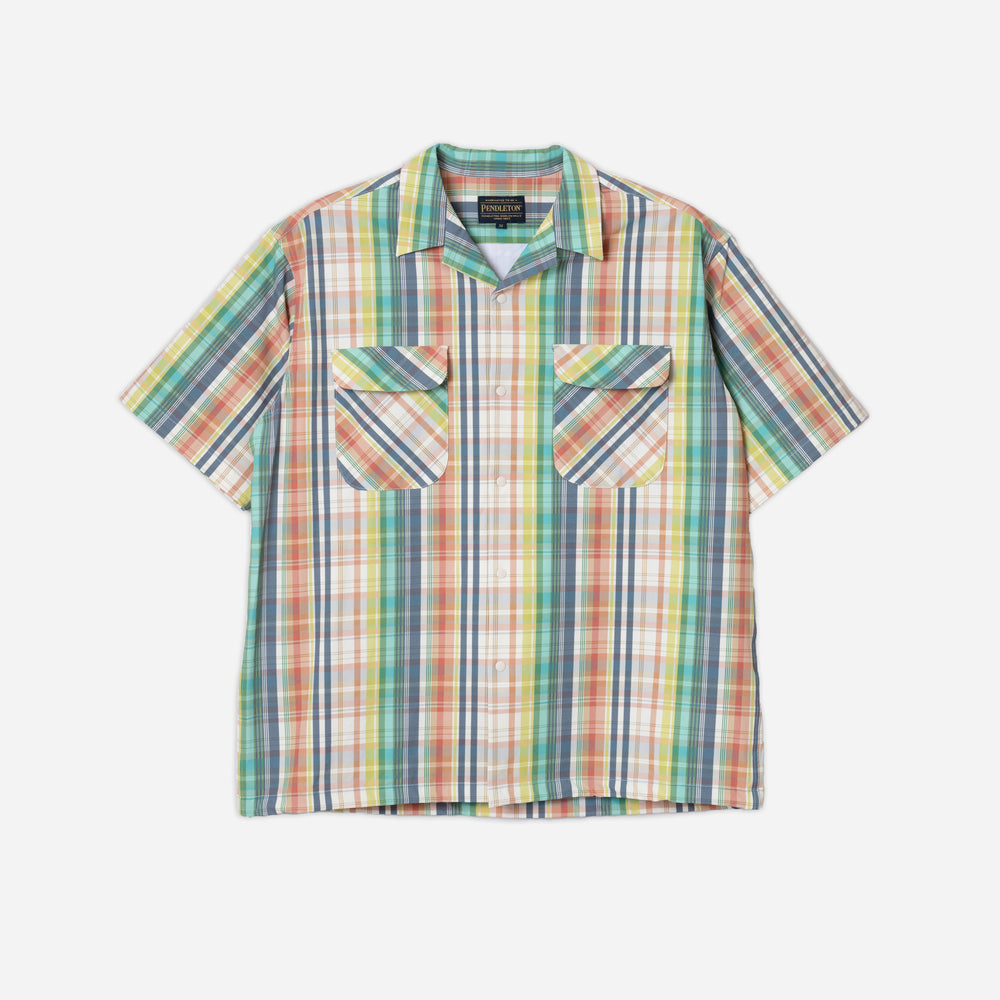 Open Collar Shirt Jacket - Green/Ivory Madras