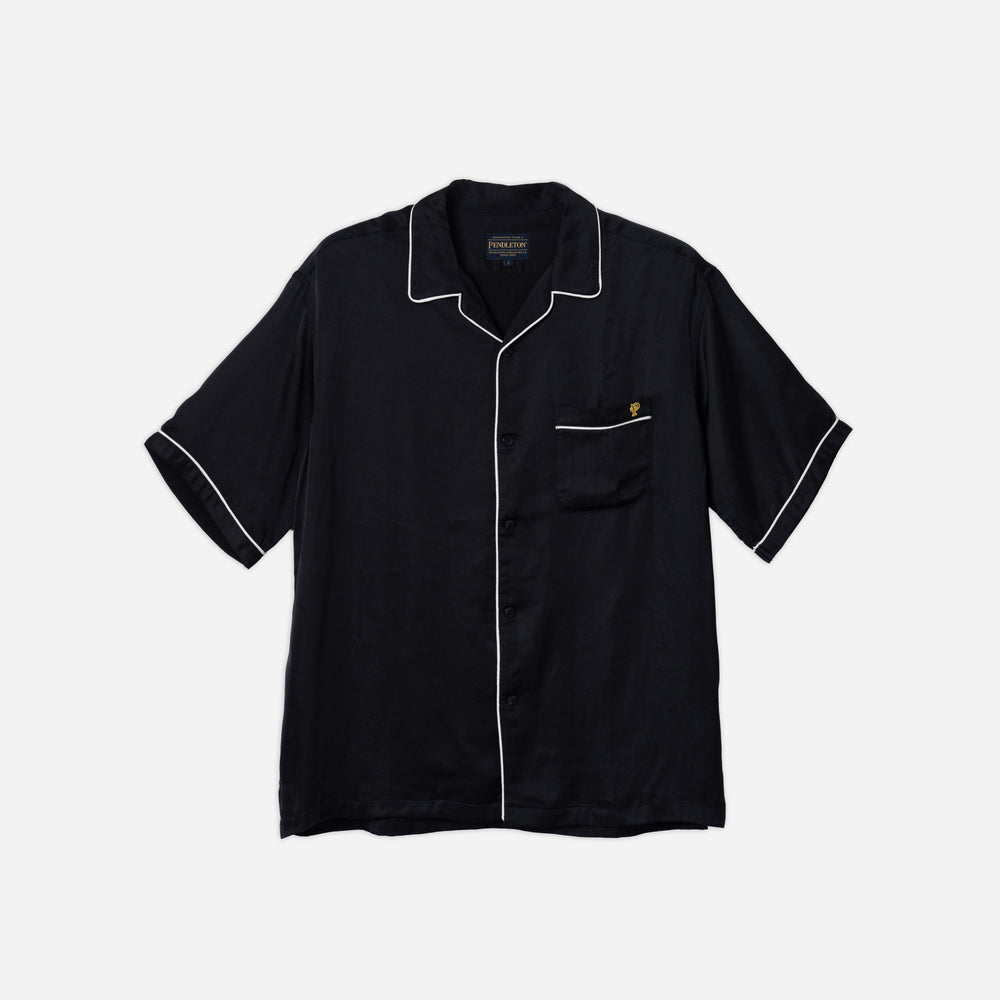 Piping Open Collar Bowling Shirt - Black