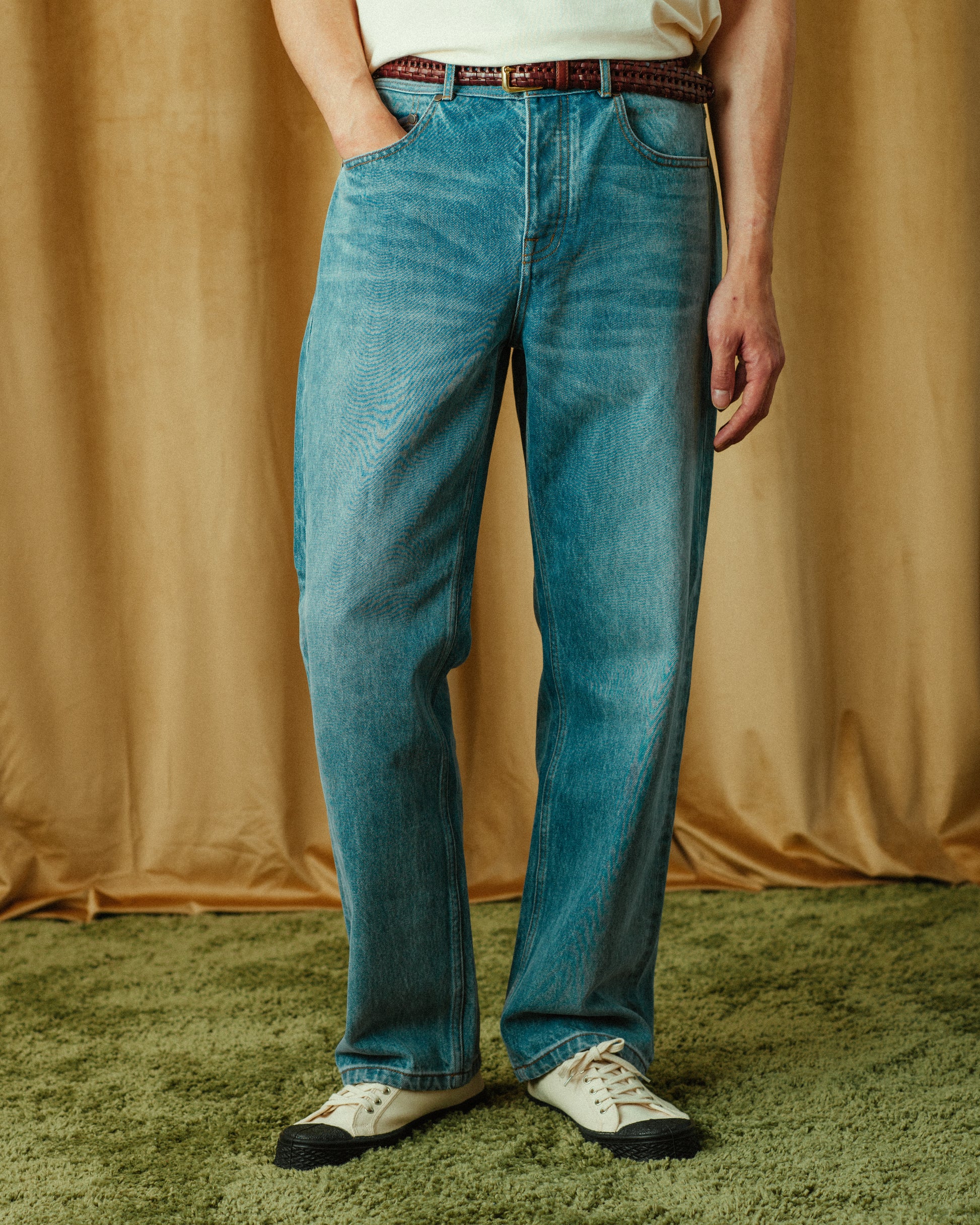 Patchwork Straight Leg Denim Jeans - Blue