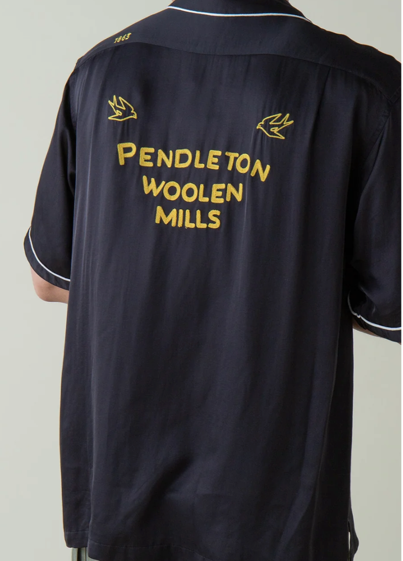 Piping Open Collar Bowling Shirt - Black