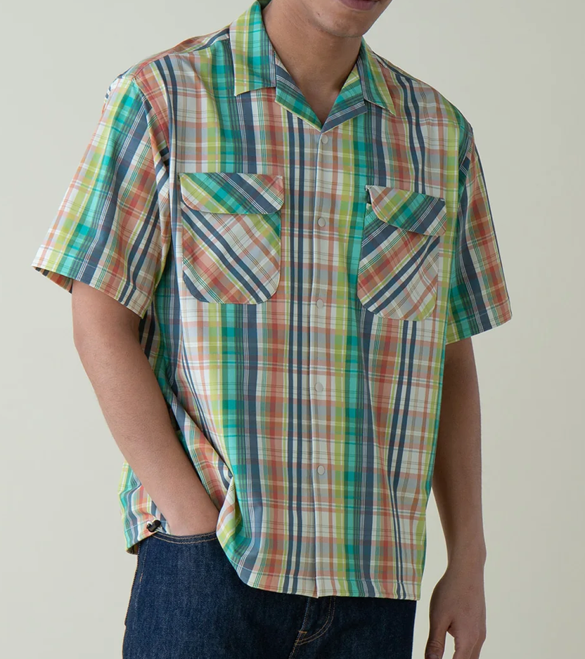 Open Collar Shirt Jacket - Green/Ivory Madras