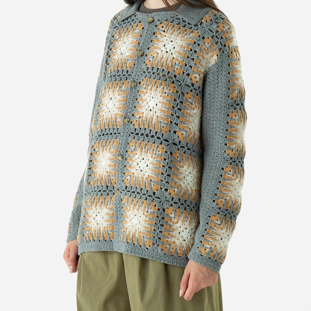 Crochet Polo Knit - Mustard/Grey