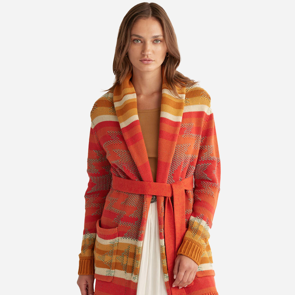 Cardigan ceinturé Monterey pour femme - Rouge/Aqua Multi 