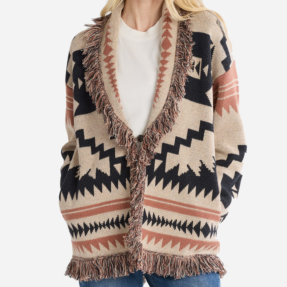 Womens Graphic Fringe Cardigan - Natural Multi