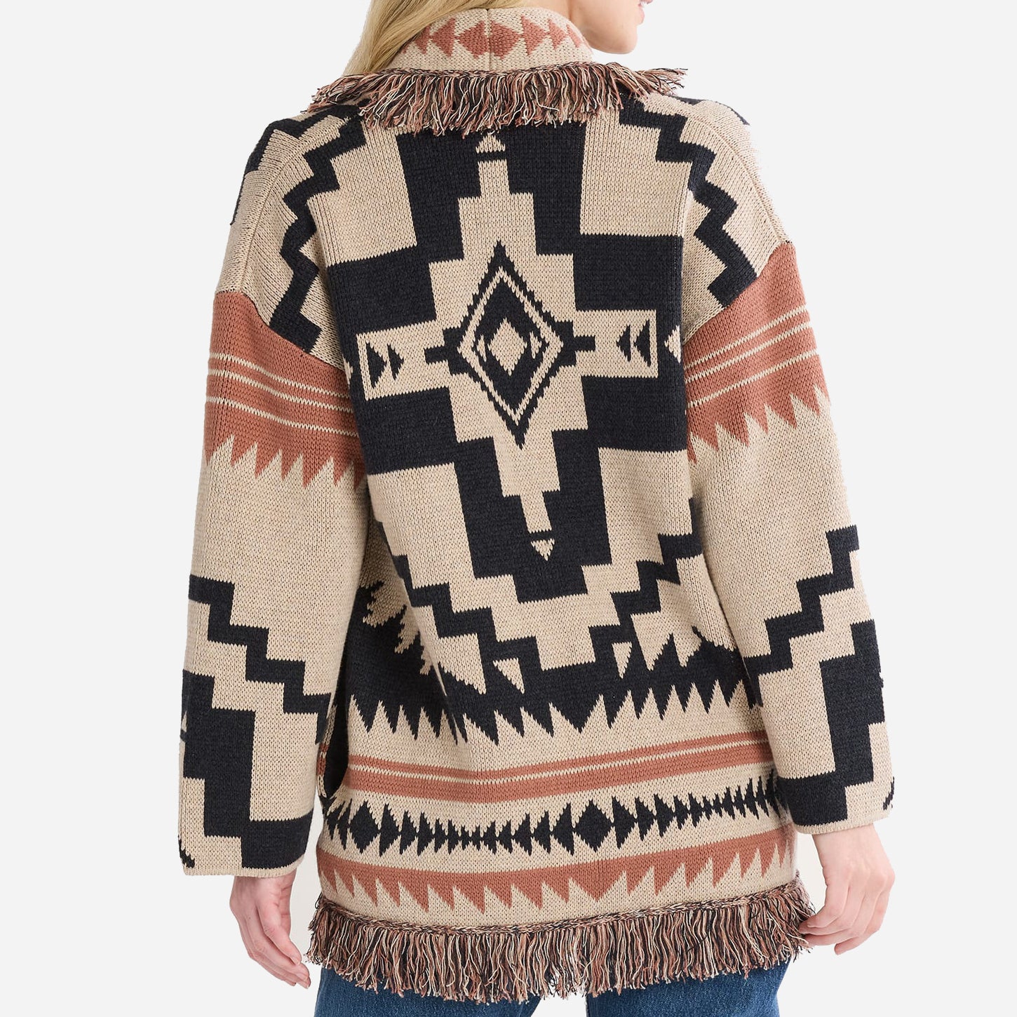 Womens Graphic Fringe Cardigan - Natural Multi