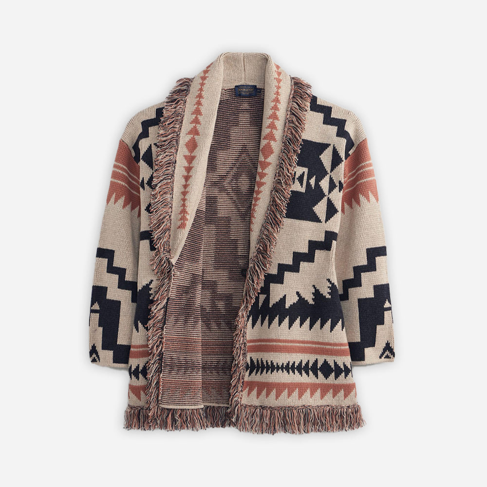 Womens Graphic Fringe Cardigan - Natural Multi