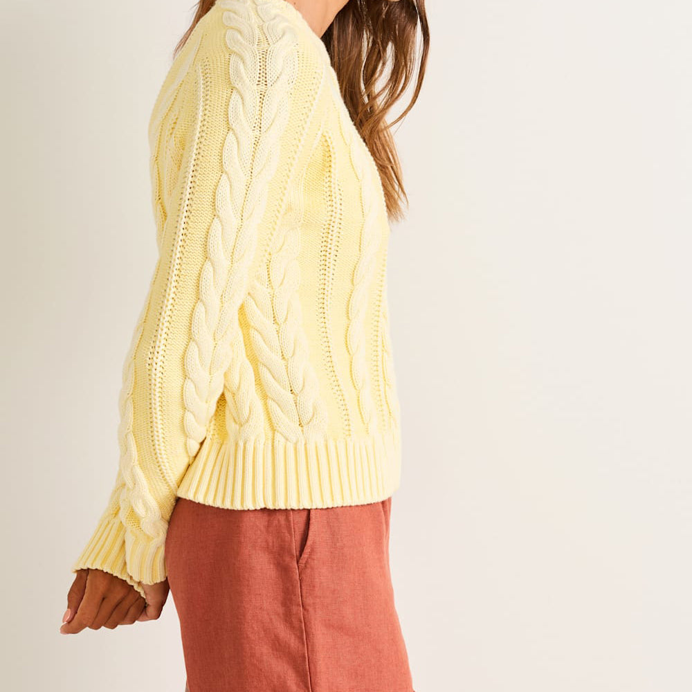 Womens Cotton Cable Sweater - Butter Yellow