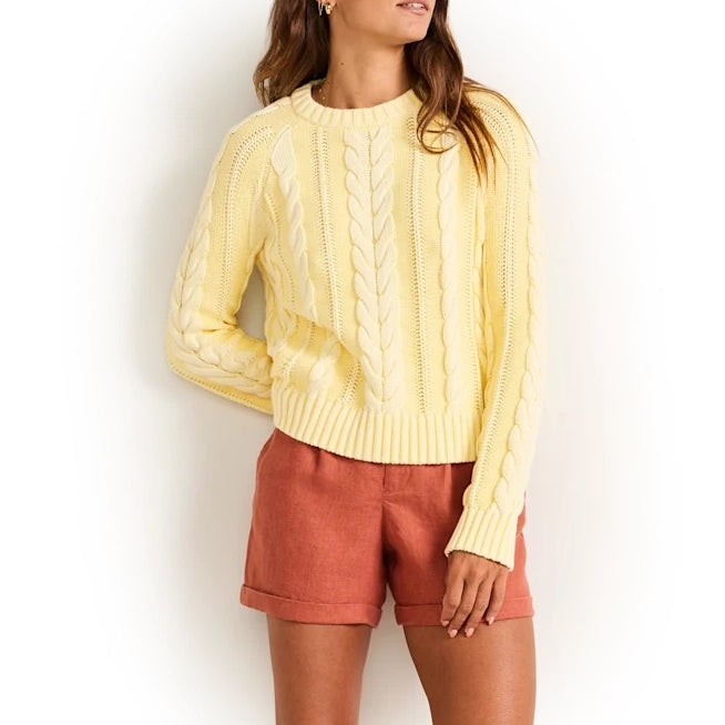 Womens Cotton Cable Sweater - Butter Yellow