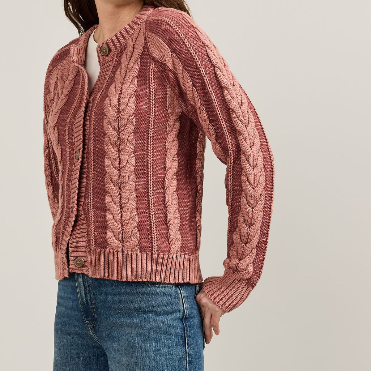 Women's Cotton Cable Cardigan - Dark Rose