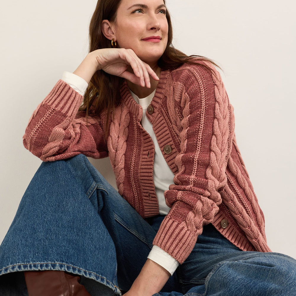 Women's Cotton Cable Cardigan - Dark Rose