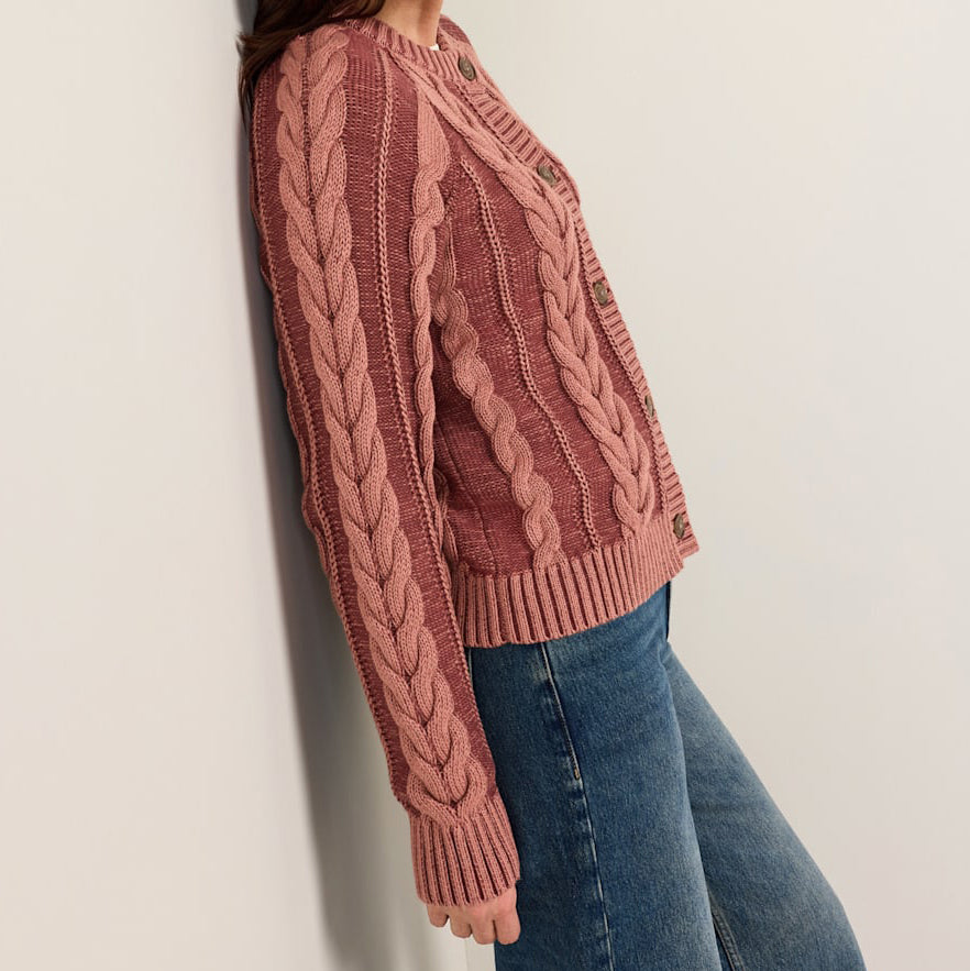Women's Cotton Cable Cardigan - Dark Rose