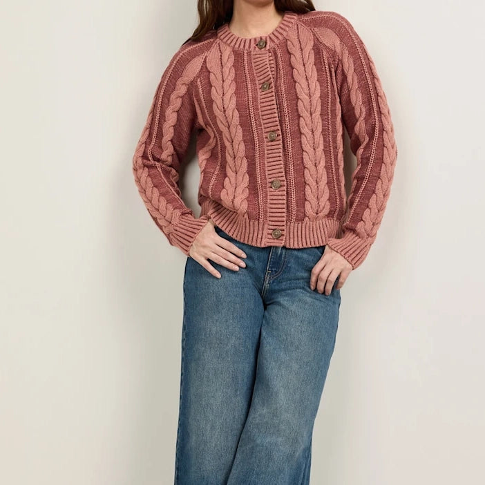Women's Cotton Cable Cardigan - Dark Rose