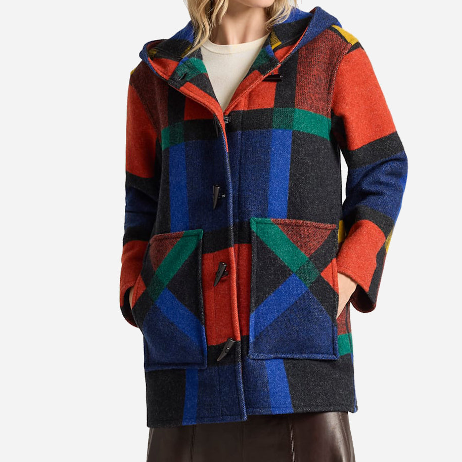 Womens Wool Duffle Coat - Block Plaid
