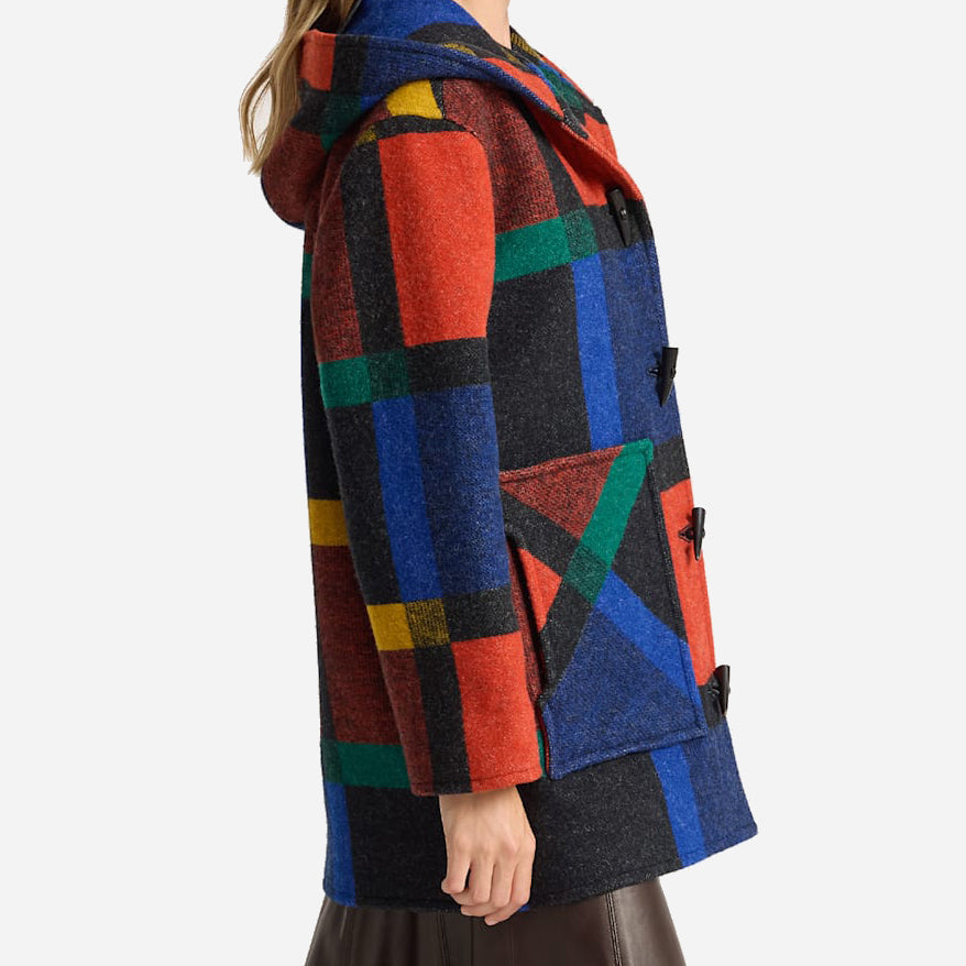 Womens Wool Duffle Coat - Block Plaid