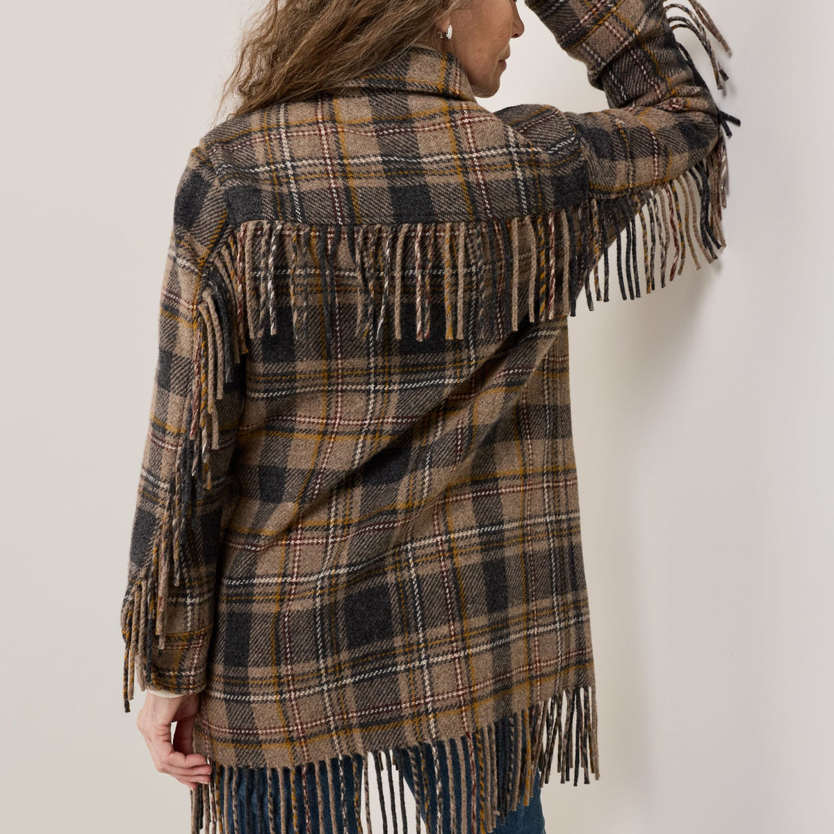 Women's Jolene Fringe Wool Jacket - Taupe/Charcoal Plaid