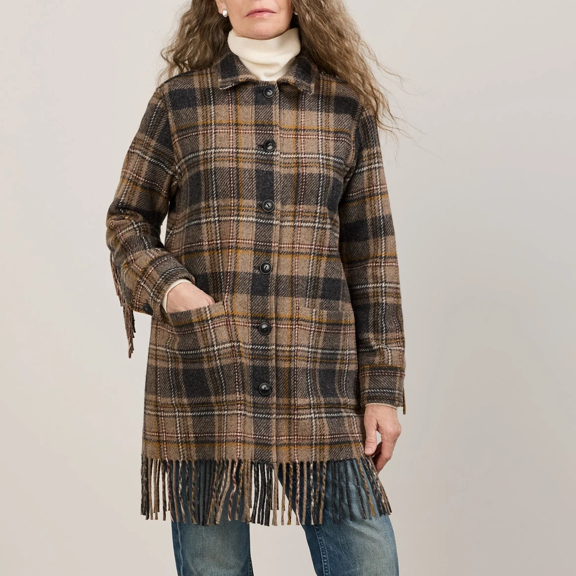 Women's Jolene Fringe Wool Jacket - Taupe/Charcoal Plaid