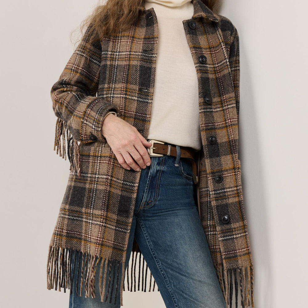 Women's Jolene Fringe Wool Jacket - Taupe/Charcoal Plaid