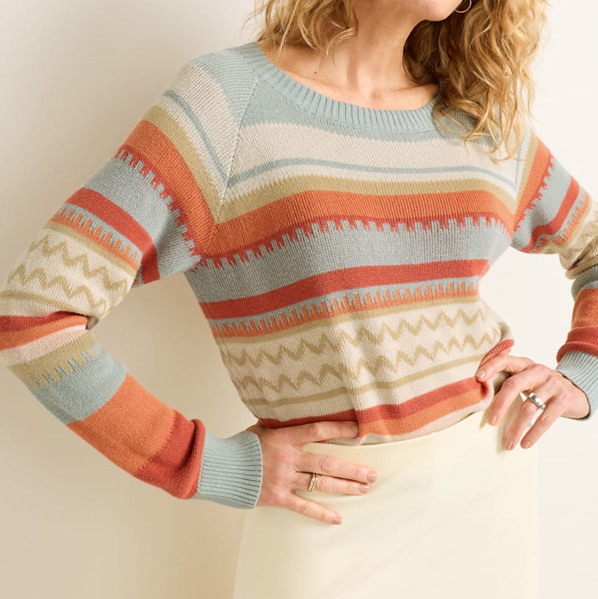 Women's Raglan Cotton Sweater - Rust/Blue Multi