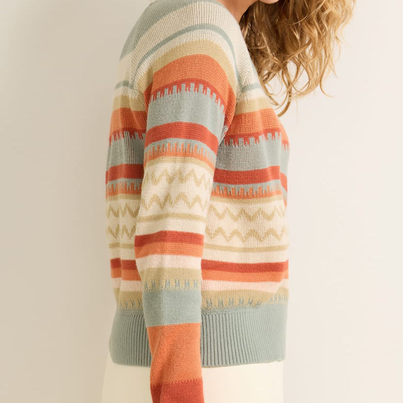 Women's Raglan Cotton Sweater - Rust/Blue Multi