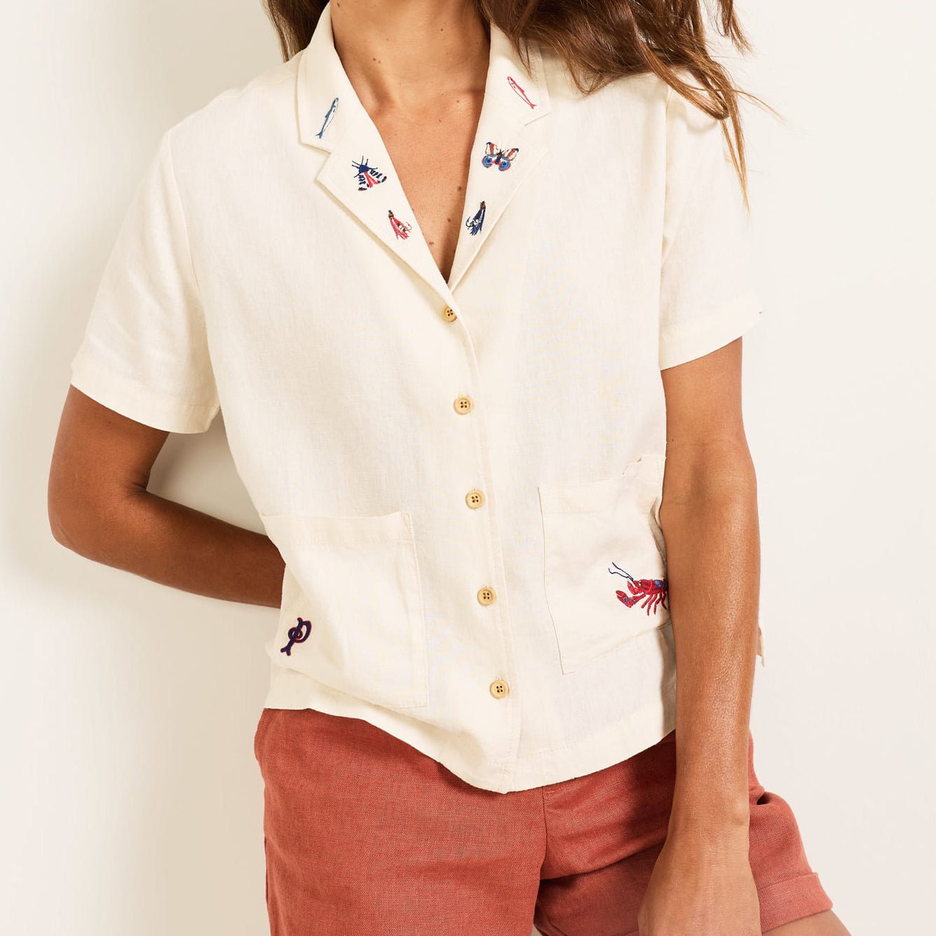 Womens Embroidered Camp Shirt - Natural