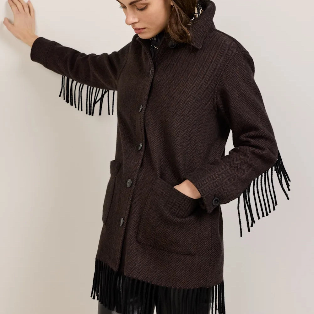 Women's Jolene Fringe Wool Jacket - Black/Brown Herringbone
