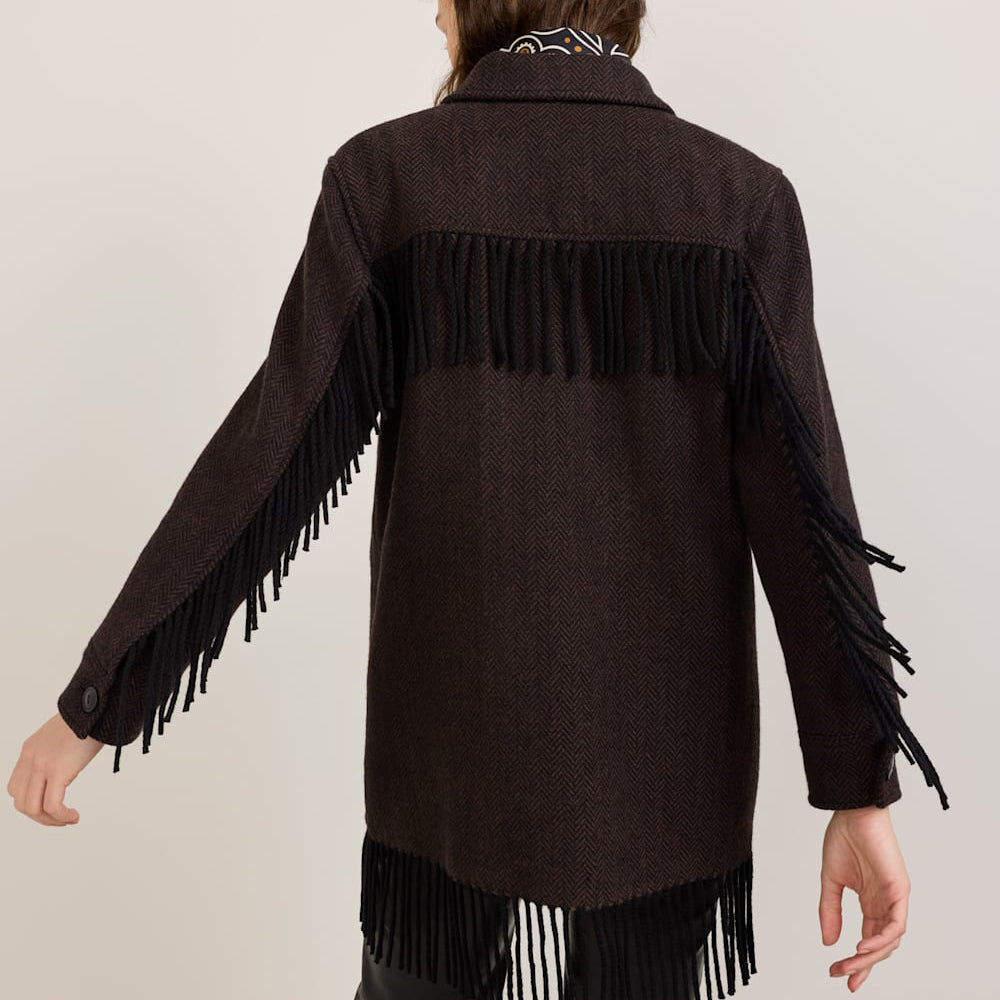 Women's Jolene Fringe Wool Jacket - Black/Brown Herringbone