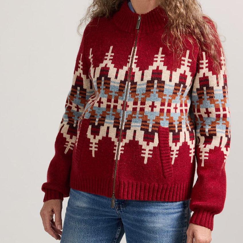 Women's Graphic Wool Zip-Up Cardigan - Chili Red Multi
