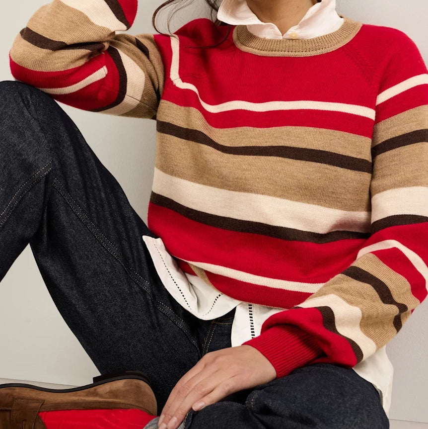 Women's Merino Crewneck Sweater - Red Multi Stripe