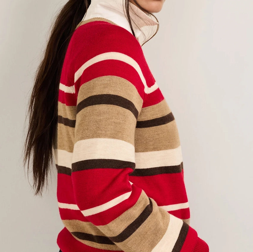 Women's Merino Crewneck Sweater - Red Multi Stripe