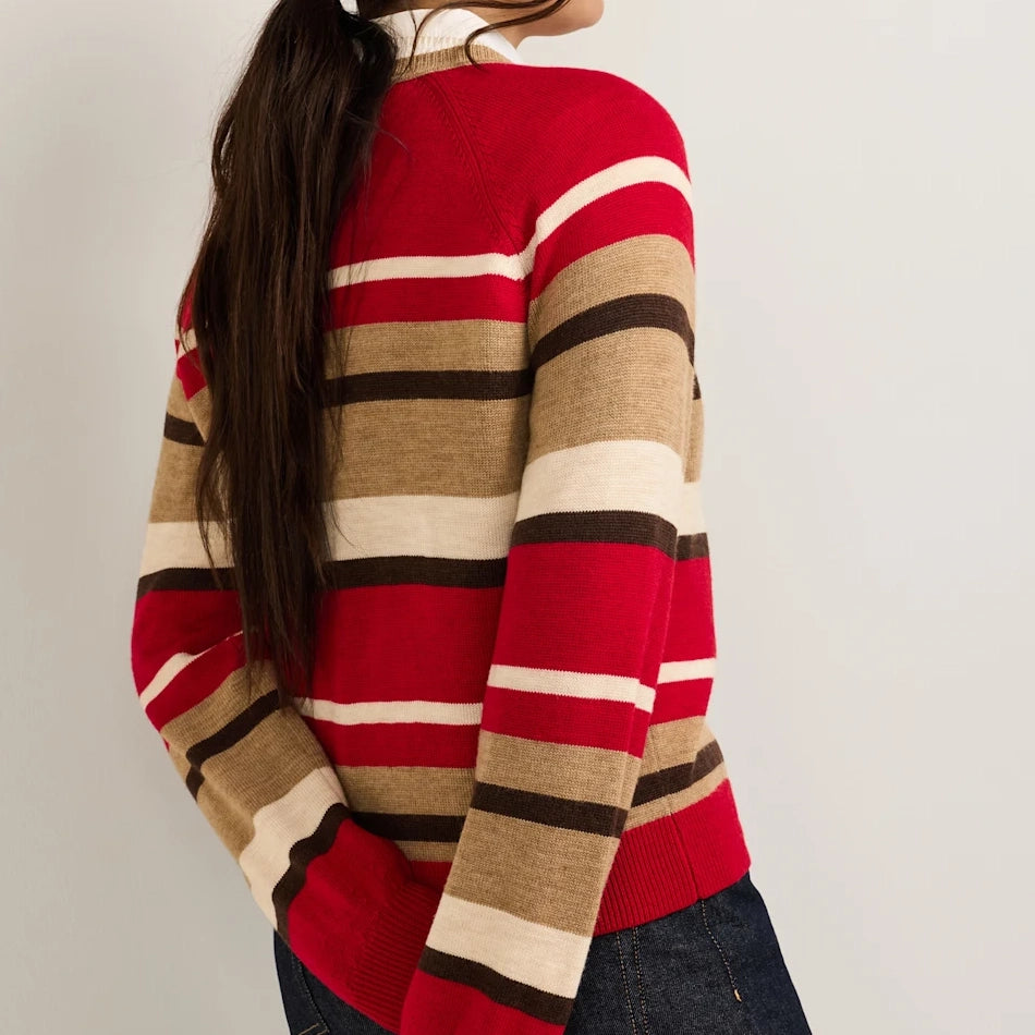 Women's Merino Crewneck Sweater - Red Multi Stripe
