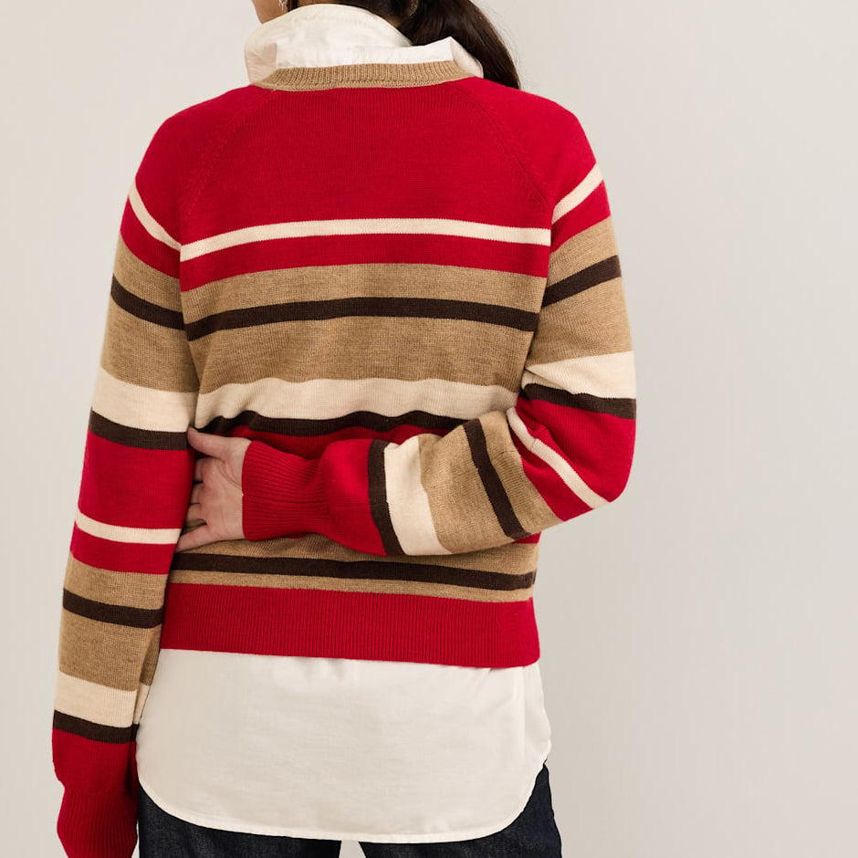 Women's Merino Crewneck Sweater - Red Multi Stripe