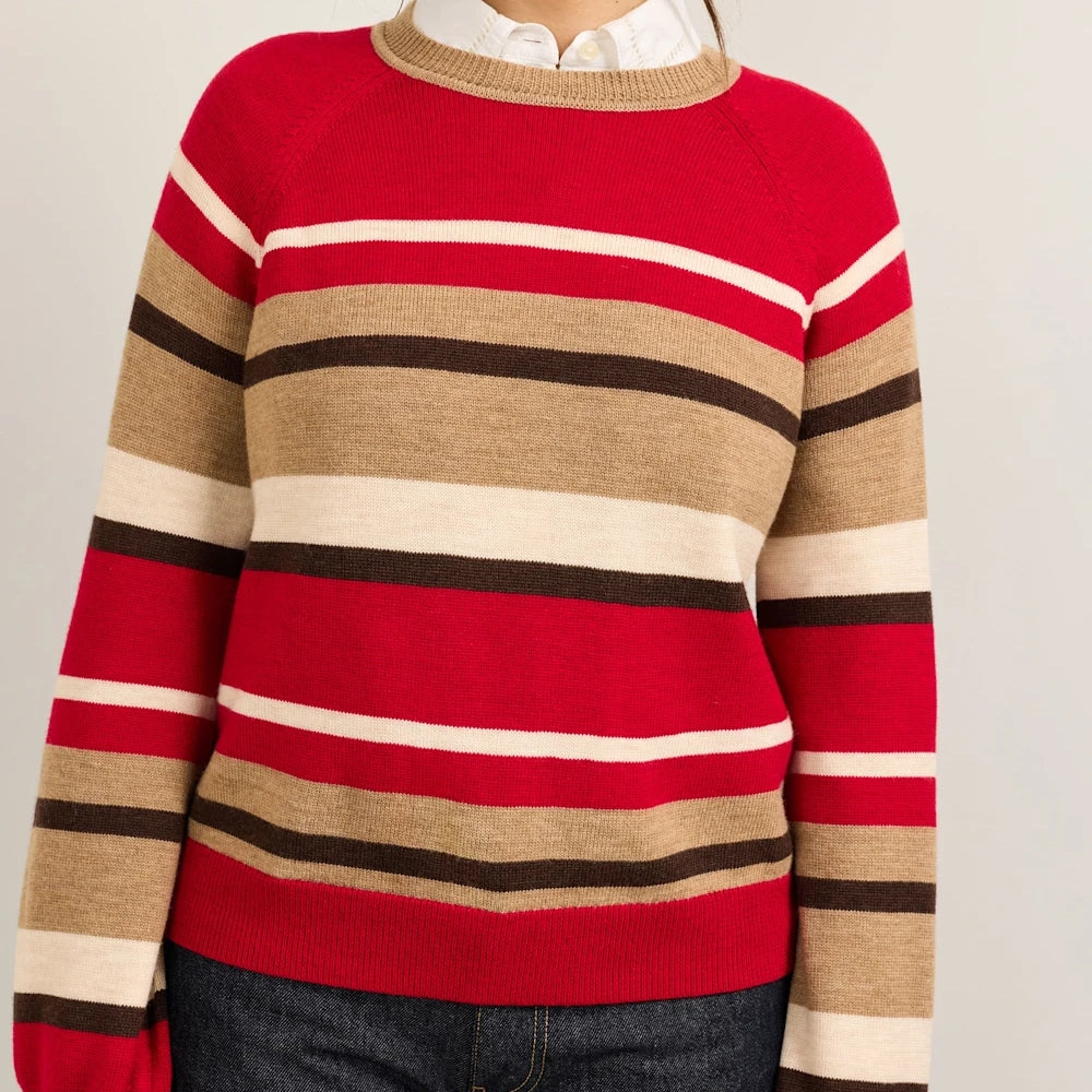 Women's Merino Crewneck Sweater - Red Multi Stripe