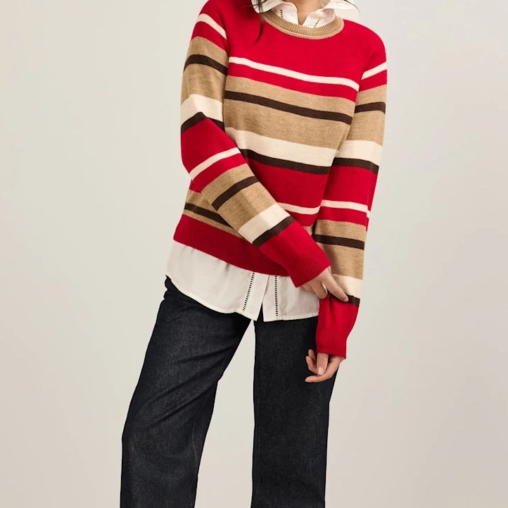 Women's Merino Crewneck Sweater - Red Multi Stripe