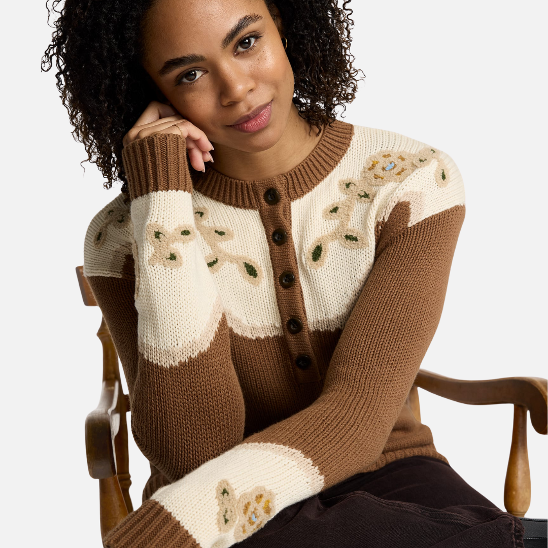 Womens Western Floral Henley Sweater - Spice Brown