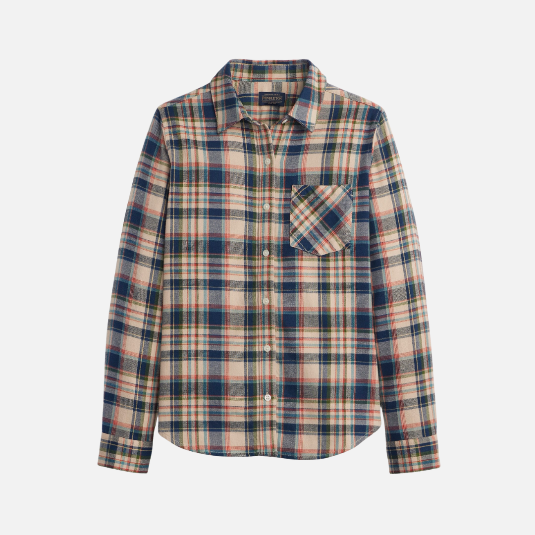 Womens Relaxed Flannel Shirt - Tan Multi Plaid