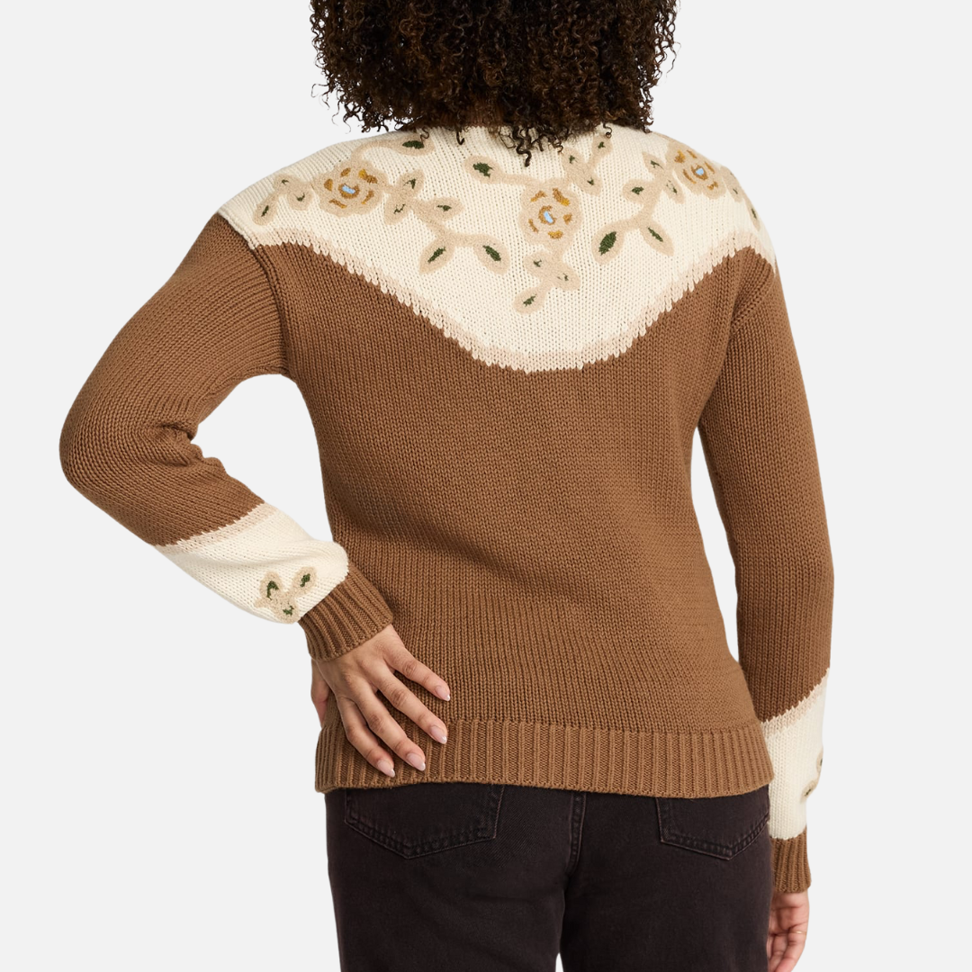 Womens Western Floral Henley Sweater - Spice Brown