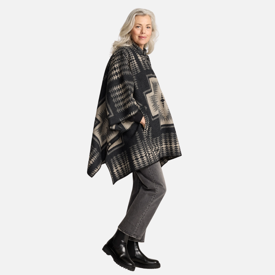 Womens Wool Poncho - Harding Black/Tan