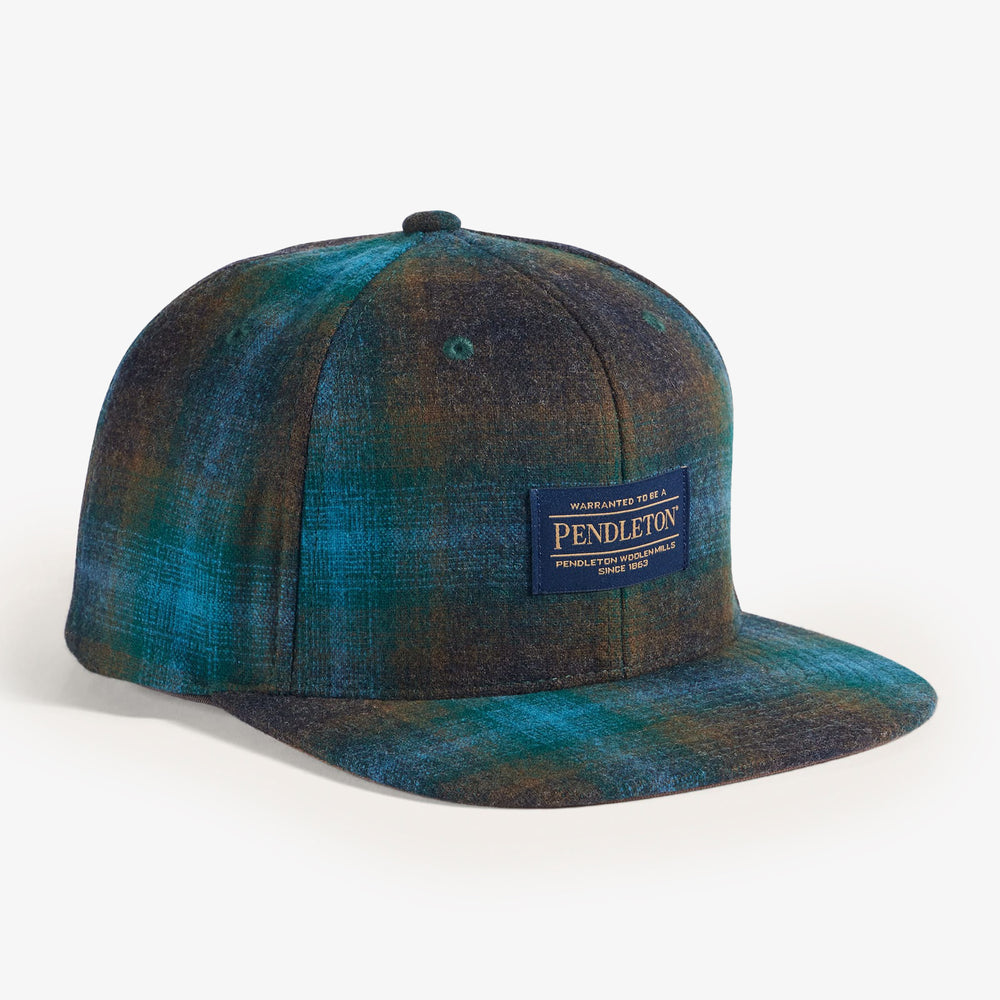 Plaid Flat Brim Wool Cap - Teal/Charcoal Ombre