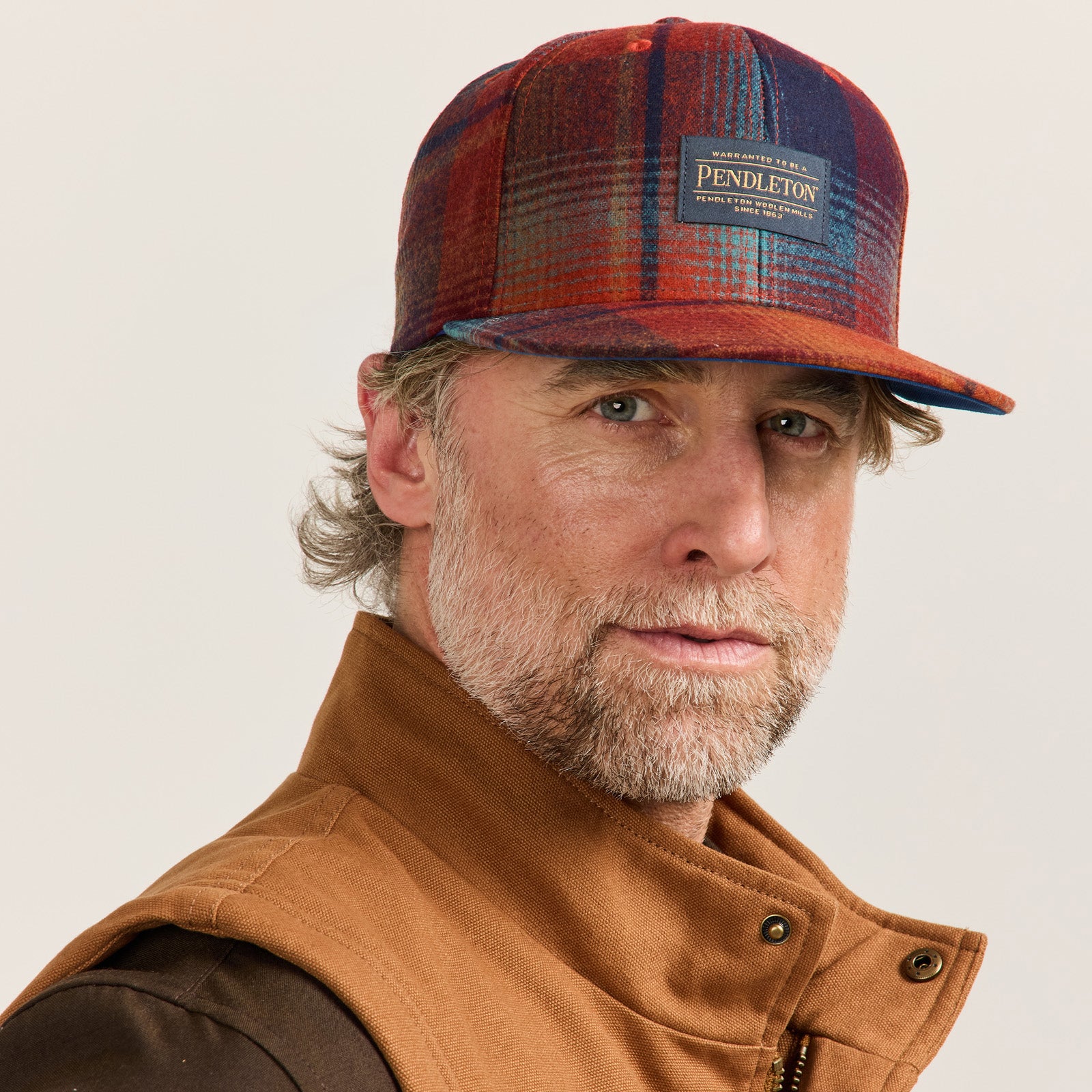 Plaid Flat Brim Hat - Maroon/Teal