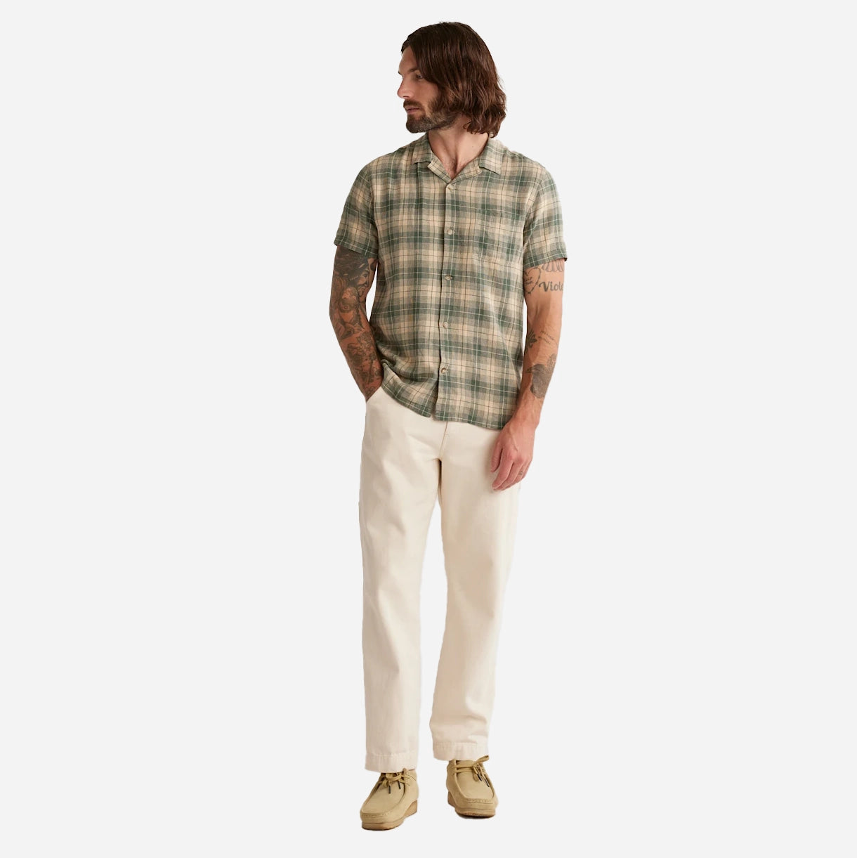 Chemise de camp en lin - Plaid vert / kaki