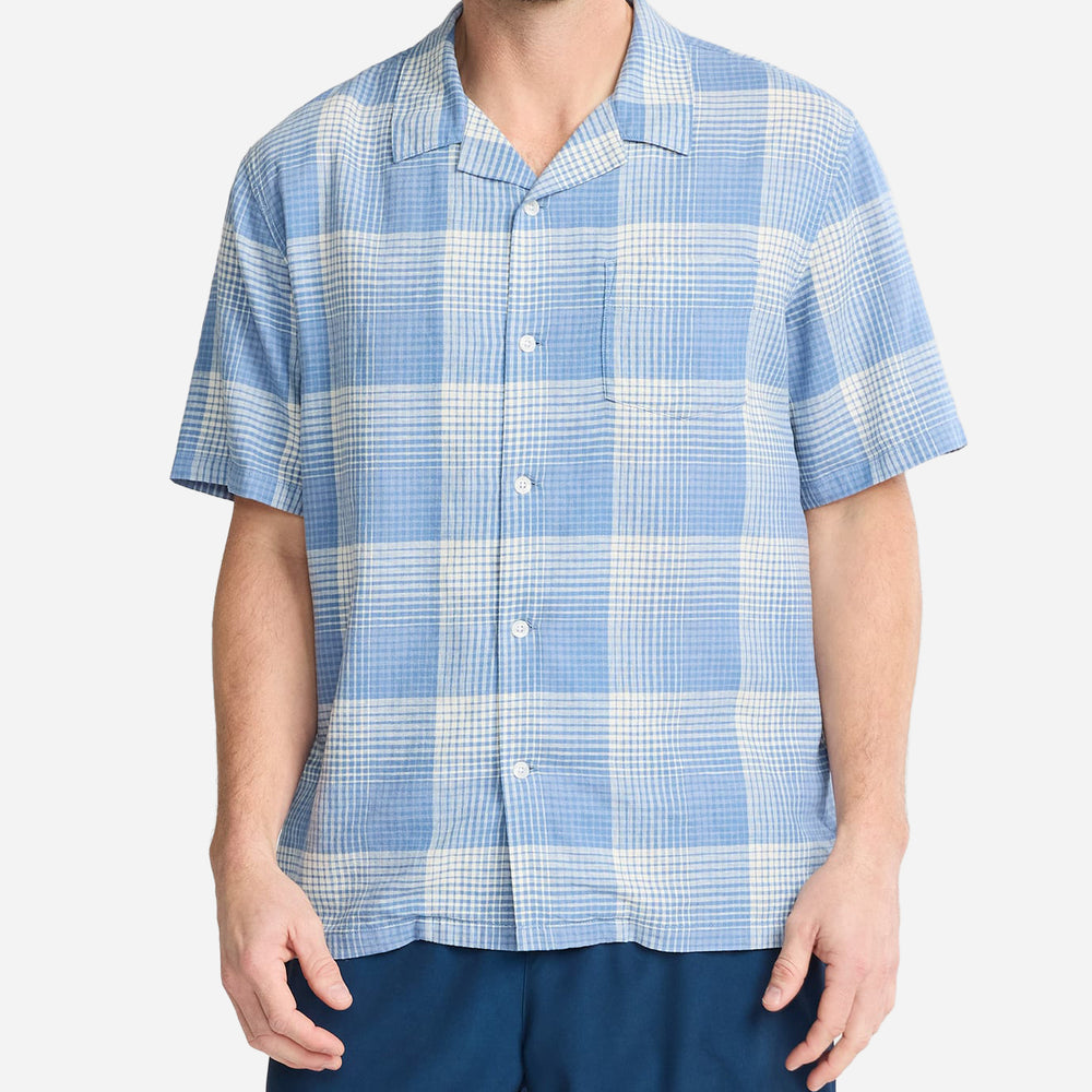 Plaid Linen Camp Shirt - Blue/White Ombre
